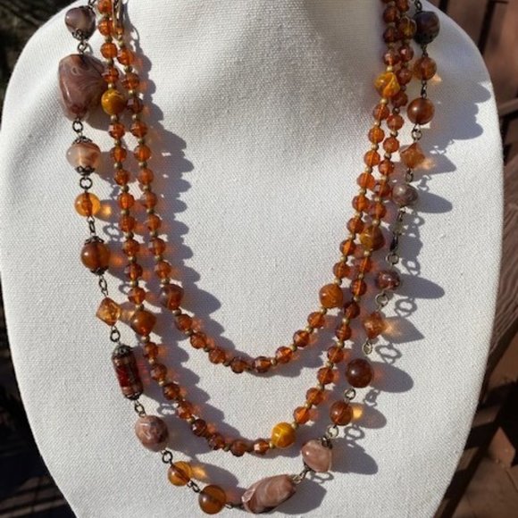 VTG Brown Amber Lucite Bead NECKLACES – 2 LOT - Picture 1 of 7